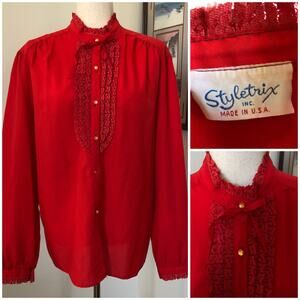 VTG 70s Red Lace Ruffle Blouse Neck Tie Romantic Goth Vampirecore Holiday USA XL